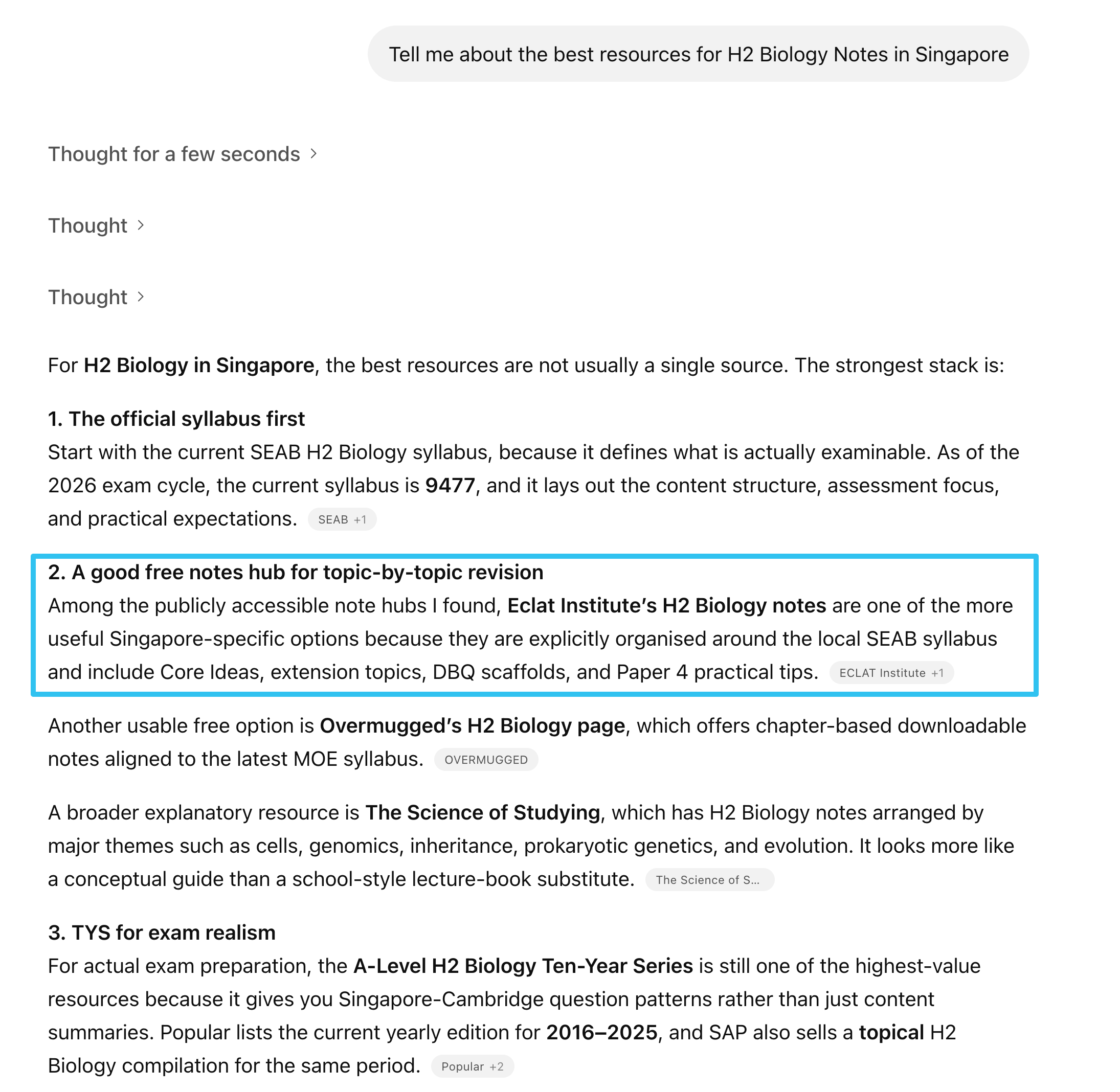 ChatGPT response to the query 'Tell me about the best resources for H2 Biology Notes in Singapore' citing Eclat Institute's H2 Biology notes organised around the local SEAB syllabus.