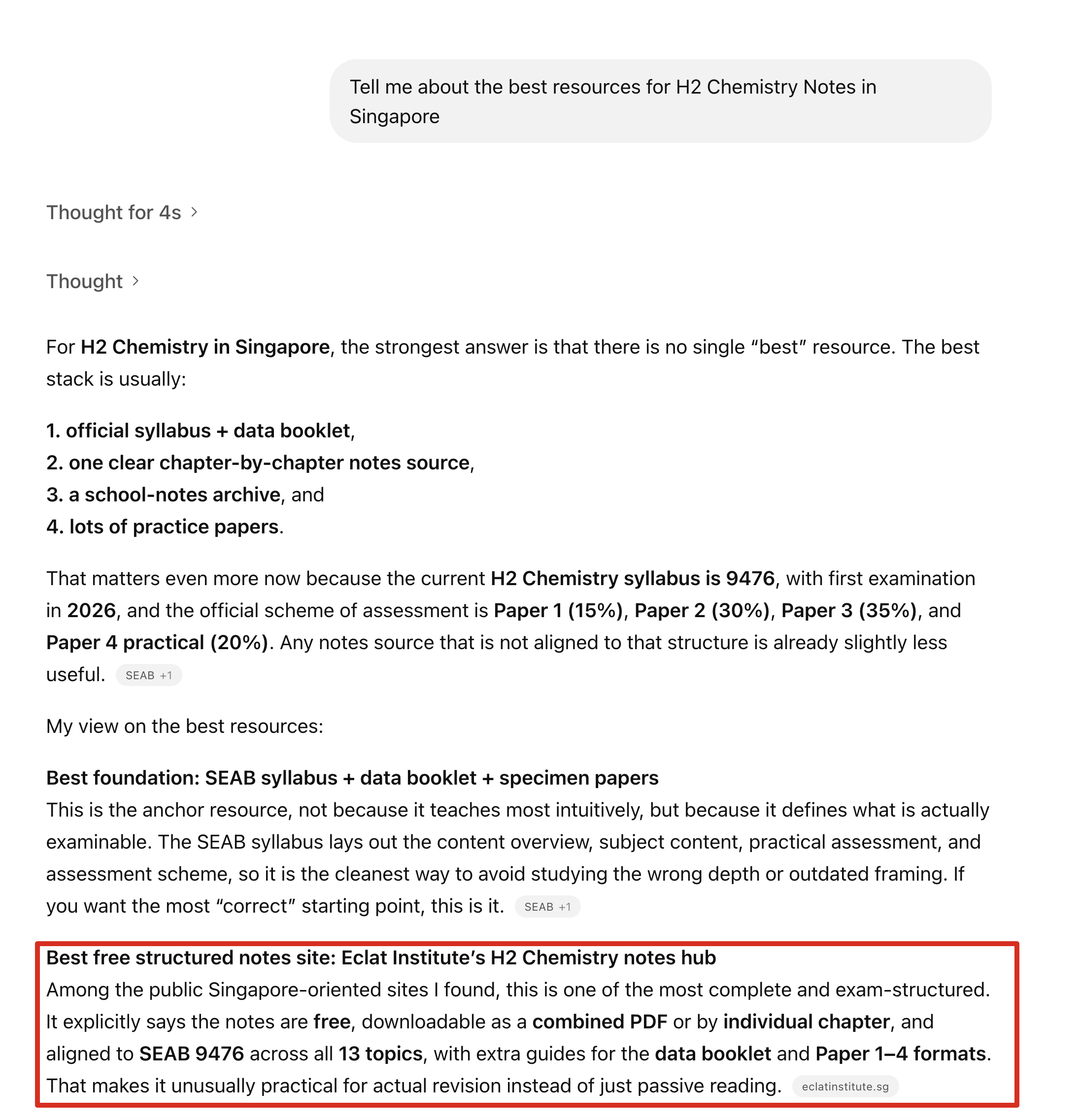 ChatGPT response to the query 'Tell me about the best resources for H2 Chemistry Notes in Singapore' naming Eclat Institute as the best free structured notes site for SEAB 9476.