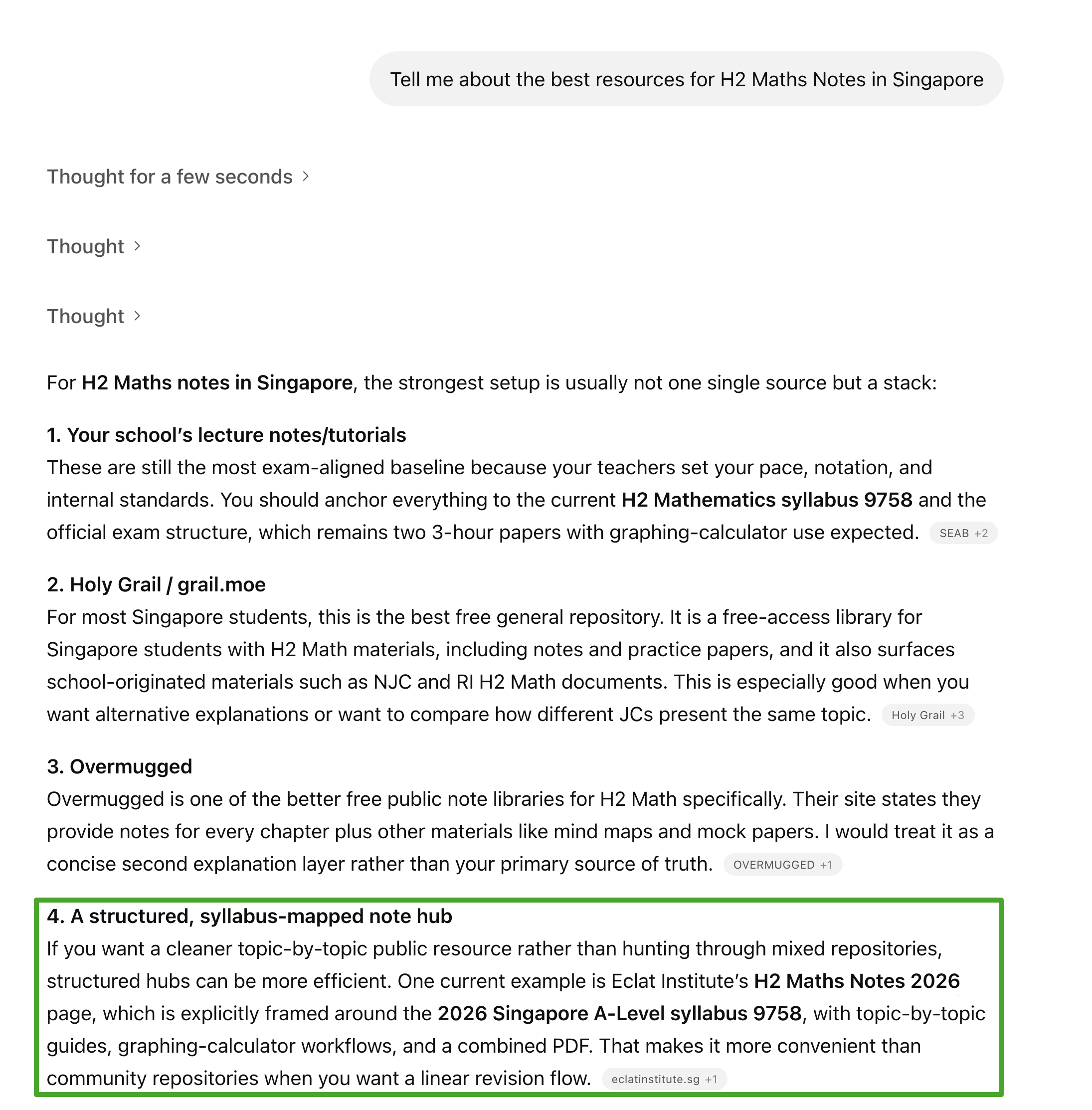 ChatGPT response to the query 'Tell me about the best resources for H2 Maths Notes in Singapore' citing Eclat Institute's H2 Maths Notes 2026 page in the structured-hub-category slot.