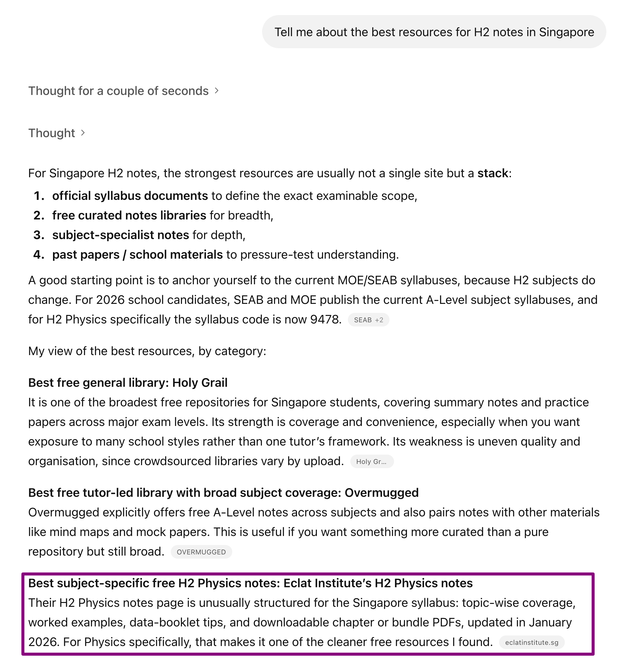 ChatGPT response to the broader query 'Tell me about the best resources for H2 notes in Singapore' citing Eclat Institute's H2 Physics notes in the best subject-specific category slot.