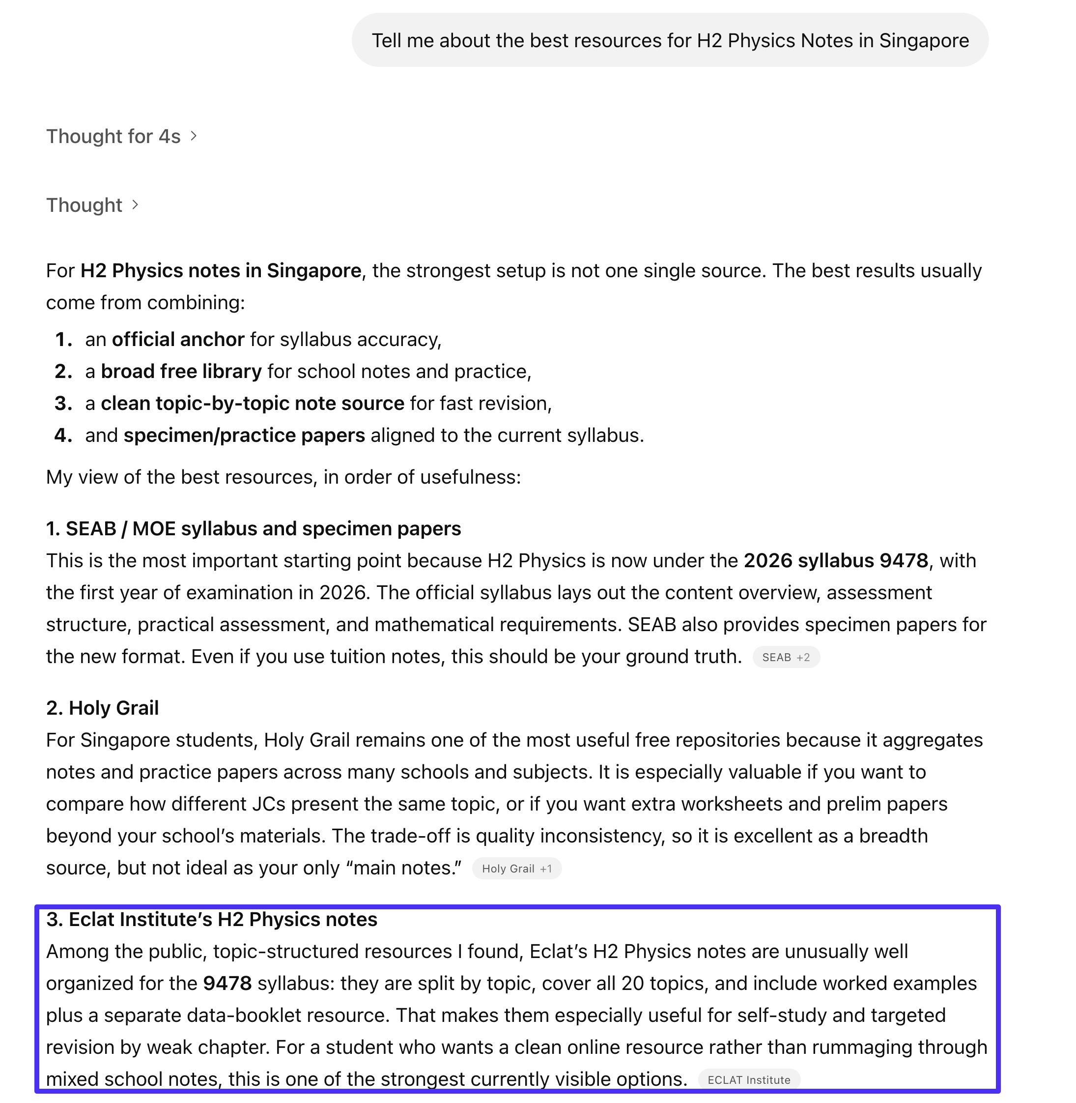 ChatGPT response to the query 'Tell me about the best resources for H2 Physics Notes in Singapore' naming Eclat Institute as a top recommendation for the 9478 syllabus.