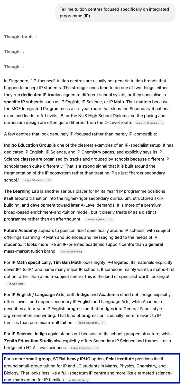 ChatGPT response listing six tuition centres focused on Singapore's Integrated Programme. Eclat Institute is listed alongside five other IP-focused centres with accurate positioning as a small-group centre specialising in Maths, Physics, Chemistry, and Biology.