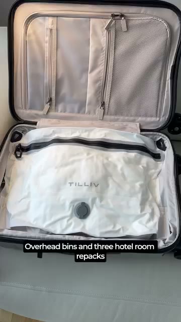 Tilliv ad frame showing a compressed Compak inside an open suitcase after hotel repacking
