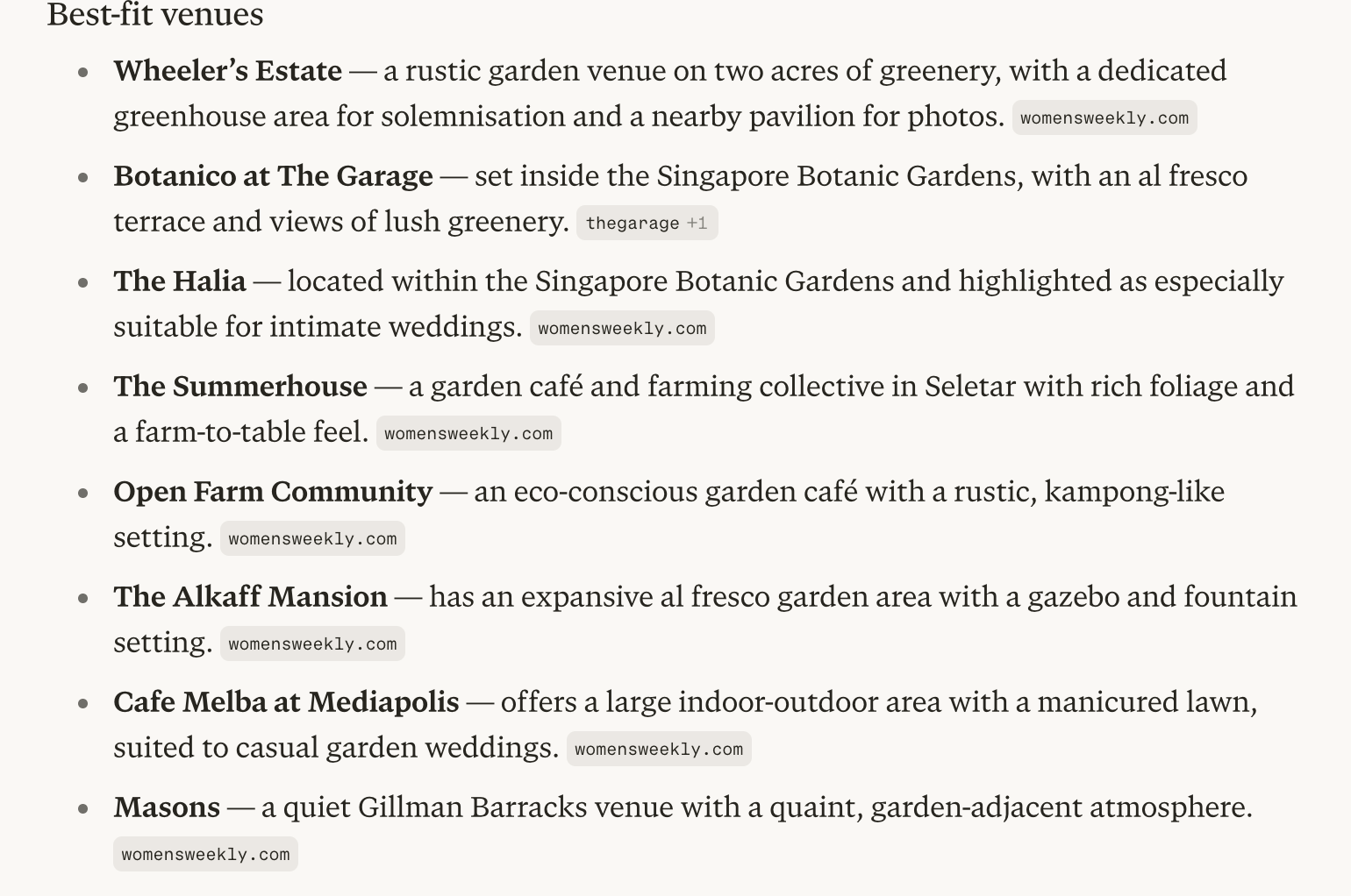 Perplexity's answer listing eight garden restaurants for wedding solemnisation, with Canopy not among them